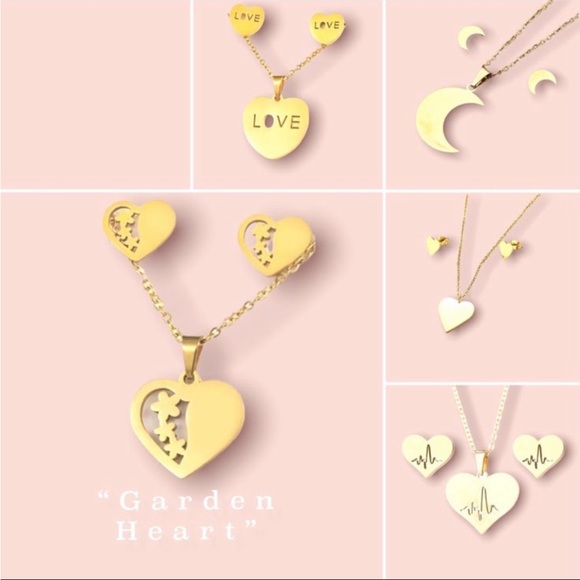 Stainless Steel Gold Heart Necklace & Stud Earrings - Picture 2 of 2